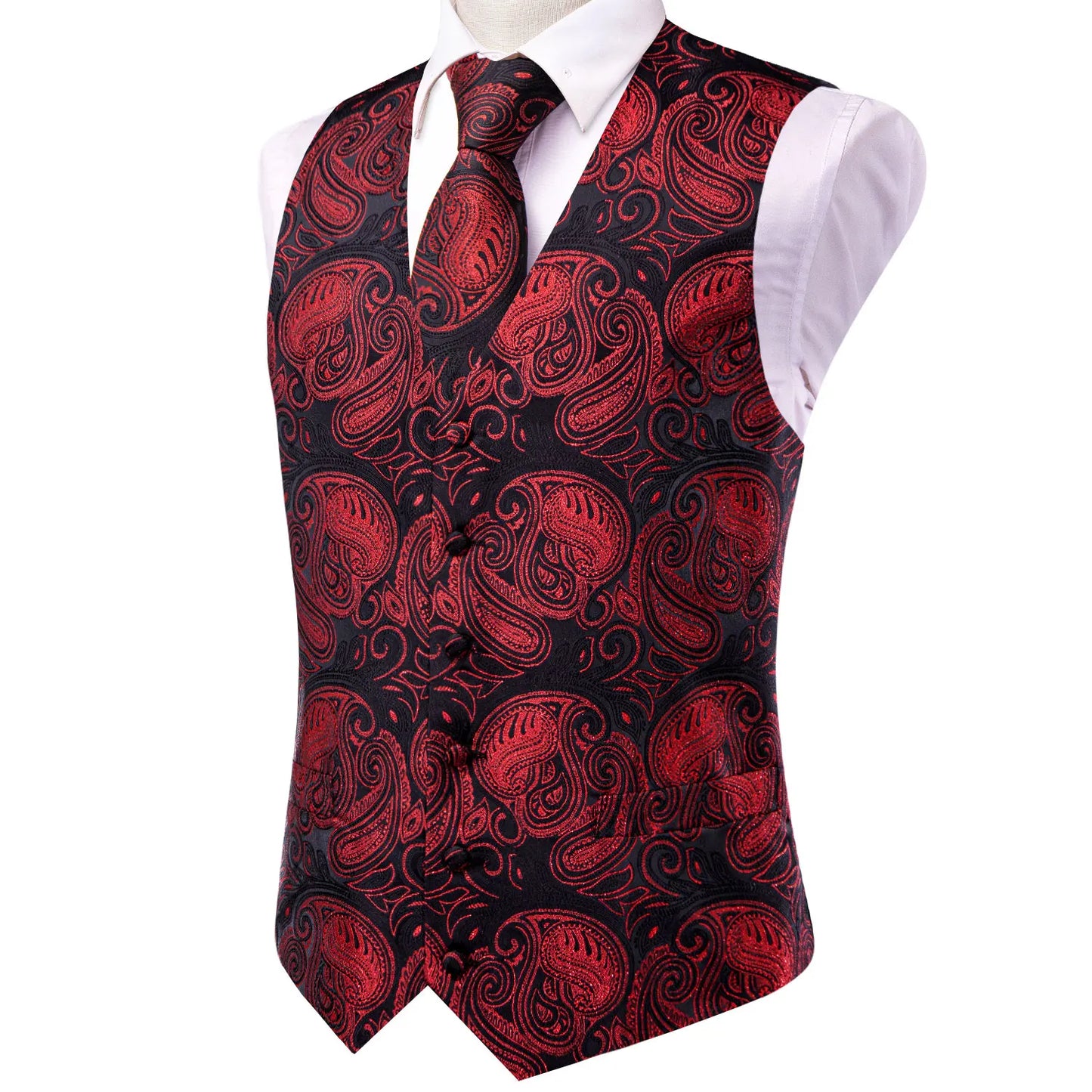 Formal Rose Pattern Paisley Plain Solid Mens Vest Party Wedding Waistcoat Pocket Square Tie  Hankie Suit Set
