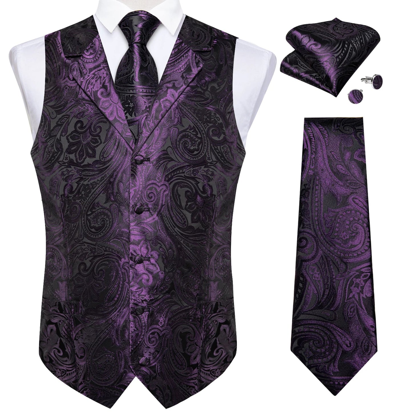 Men's Suit Vest Neck Tie Set Black Paisley Waistcoat for Wedding Party Tuxedo Suits Luxury Sleeveless Jacket DiBanGu