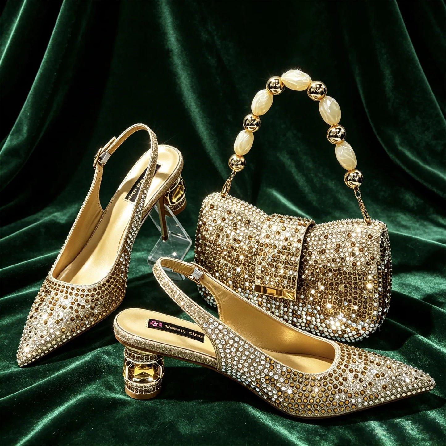 Emerald Green Rhinestone Heels & Bag Set Crystal Slingback Pumps with Matching Handbag for Wedding Party