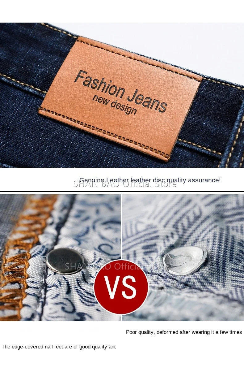 2024 autumn spring fitted straight stretch denim jeans classic style badge youth men's business casual jeans trousers