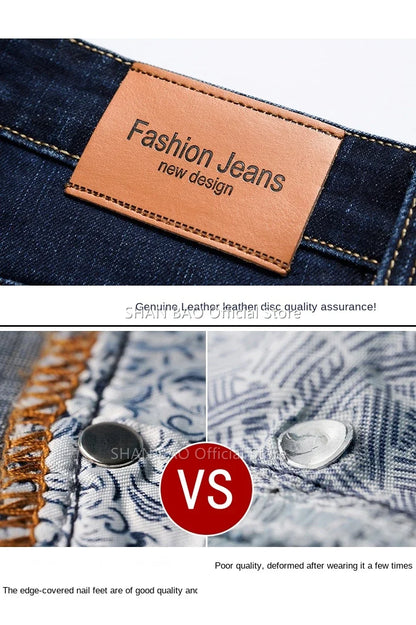 2024 autumn spring fitted straight stretch denim jeans classic style badge youth men's business casual jeans trousers