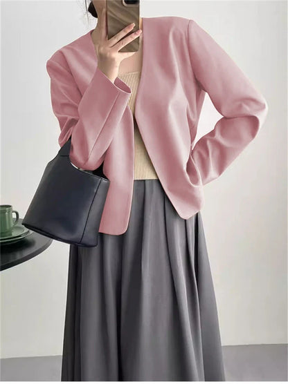 2025 Spring Autumn Fashion New Women's Suit Jackets Solid Short Coats Korean Blazers Long Sleeve Cardigan Coat Without Placket