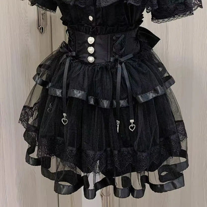 Japanese Lolita Y2k Lace Layered Skirt Women Anime High Waist Maid Style Chic Ruffle Cake Skirt Kawaii Harajuku Sweet Mini Skirt