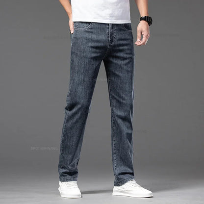 Spring Summer Thin Men's Classic Jeans Elastic Loose Straight Cotton Casual Denim Trousers Brand Clothing Business Male Pants