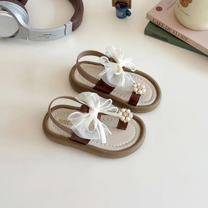 Summer Girl's Sandals Clip-toe Bowknot Elastic Band Soft Sole Kids Sliders Beautiful Pu Leather Chunky Morden Children Shoes