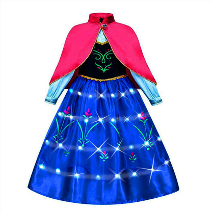 Elsa Princess Dresses +LED Light Girls Mesh Sequin Dress Kids Cosplay Frozen Snow Queen Costumes Halloween Party Gowns