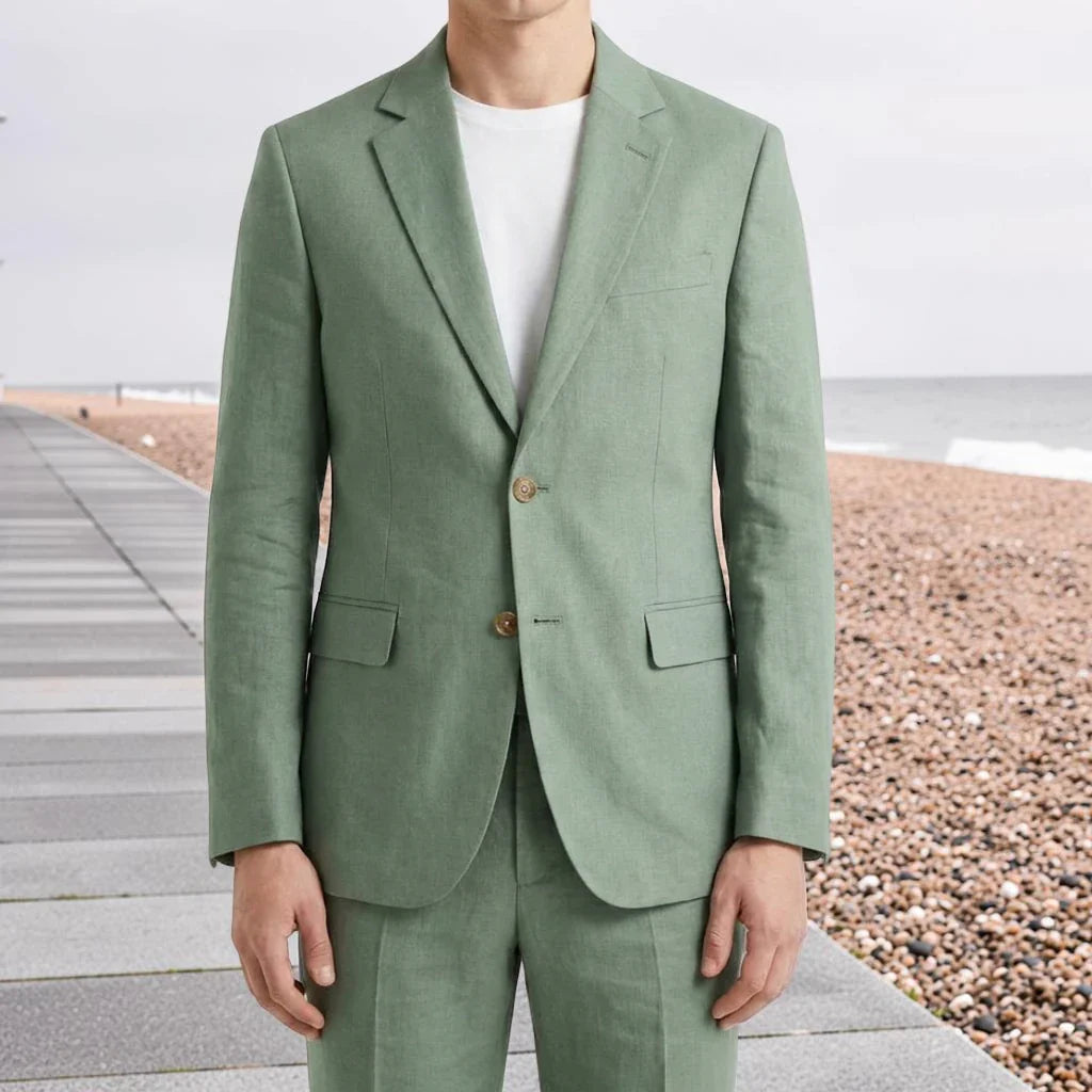 Sage Green Linen Men Suits for Prom Party 2 Pieces Slim Fit Wedding Suit Notched Lapel Jacket with Pants Summer Beach Set