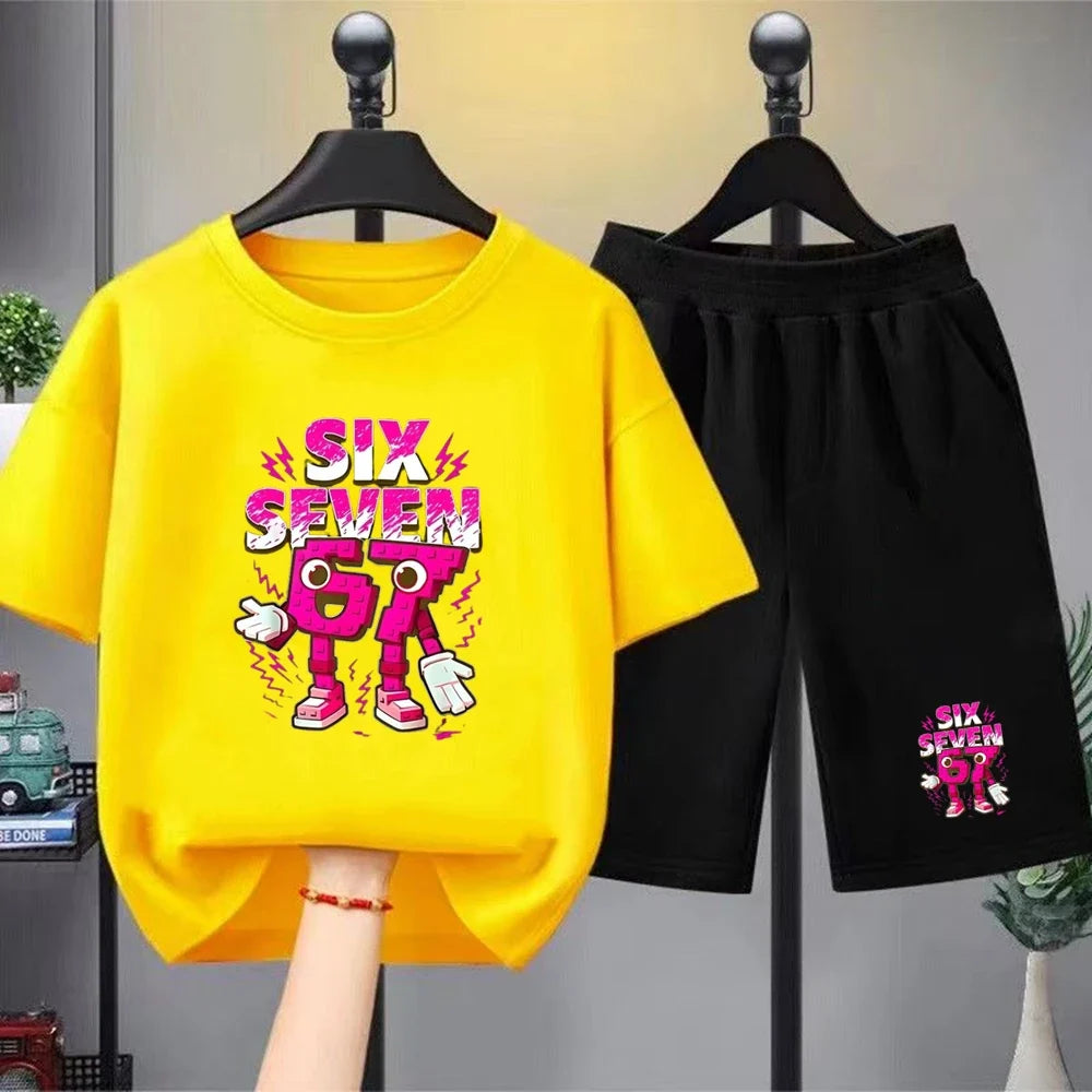67 Children T-shirt 3-12Yrs Summer Six Seven Print Short-sleeved Cute Funny Fashion Boys Girls Toddler Top+Shorts 2PCasual Set