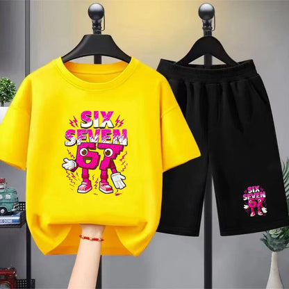 67 Children T-shirt 3-12Yrs Summer Six Seven Print Short-sleeved Cute Funny Fashion Boys Girls Toddler Top+Shorts 2PCasual Set