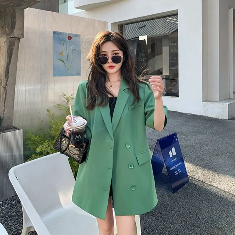 Korean Fashion Loose Thin Blazer Women Spring Autumn New Extra Large Mid Length Short Sleeved Women Coat Casual Outwear