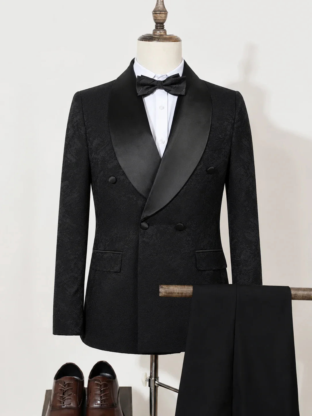 Black Luxury 2-Piece Set Men Suit Party Shawl Collar Double Breasted Business Casual Suit Groom's Wedding Dress Jacquard Pattern