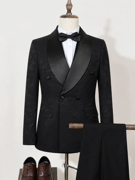 Black Luxury 2-Piece Set Men Suit Party Shawl Collar Double Breasted Business Casual Suit Groom's Wedding Dress Jacquard Pattern