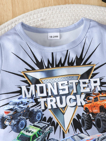 Boys' set car letter pattern positioning print round neck short sleeved T-shirt paired with shorts cool boys' two-piece set