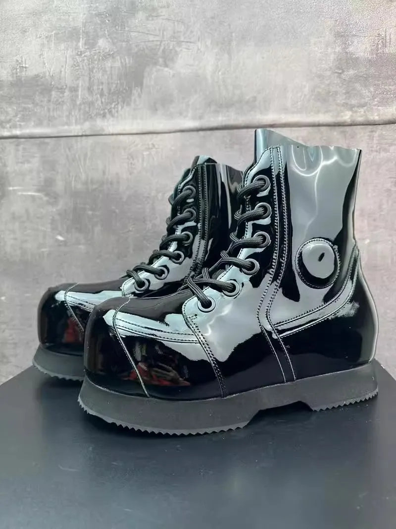 High Street Mens Round Tote High Top Cowhide Genuine Leather Ankle Boots Punk Style Stage Show Shoes Platform Work Safty Shoes