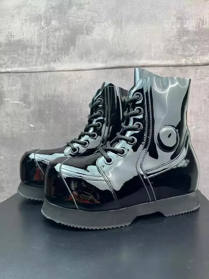 High Street Mens Round Tote High Top Cowhide Genuine Leather Ankle Boots Punk Style Stage Show Shoes Platform Work Safty Shoes