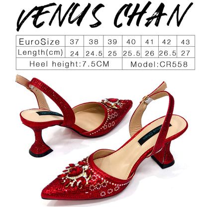 2024 Latest Wedding Pointed Toe Women's Shoes High Heel Black Color Rhinestones italian shoes and bags matching set