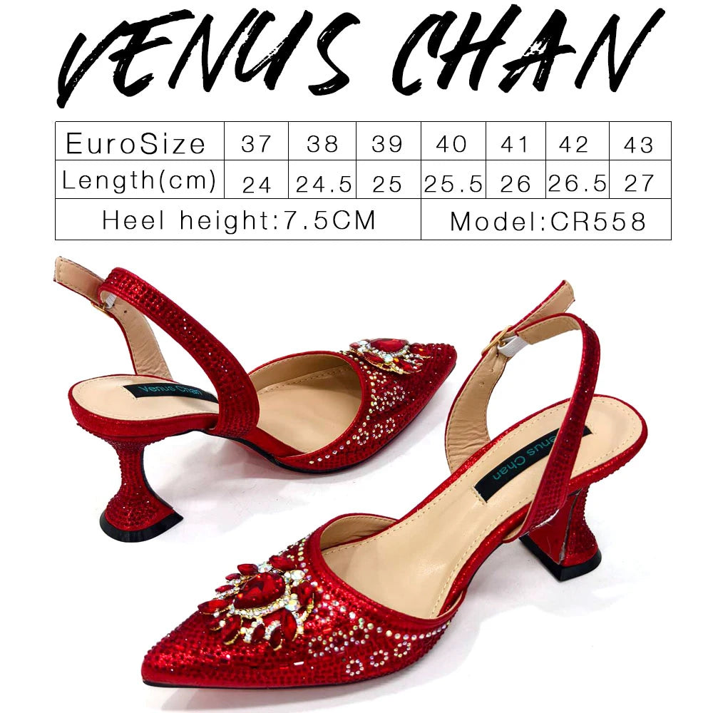 Nigerian Heel Party for Women Red Color Shoes and Bag Set Rhinestone Handbag Italian Design Wedding INS 2024