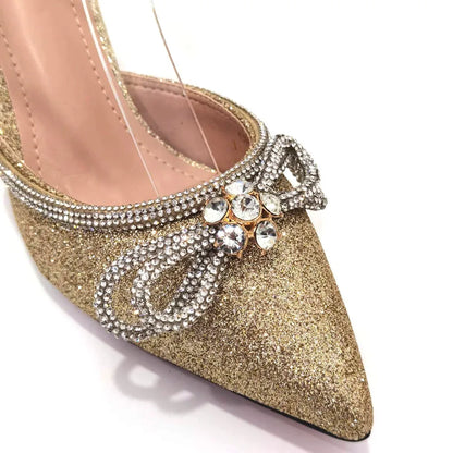 2023 Ladies Pointed-Toe Party High Heels Magenta Colour Bow Rhinestone Stereo Bag Evening  African Wedding Shoe And Bag Set