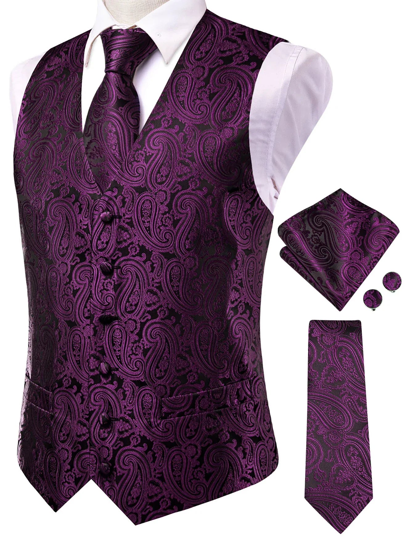 Men's Classic Floral Vest & Tie Hanky Cufflinks Set – Waistcoat for Weddings Events Party Gift