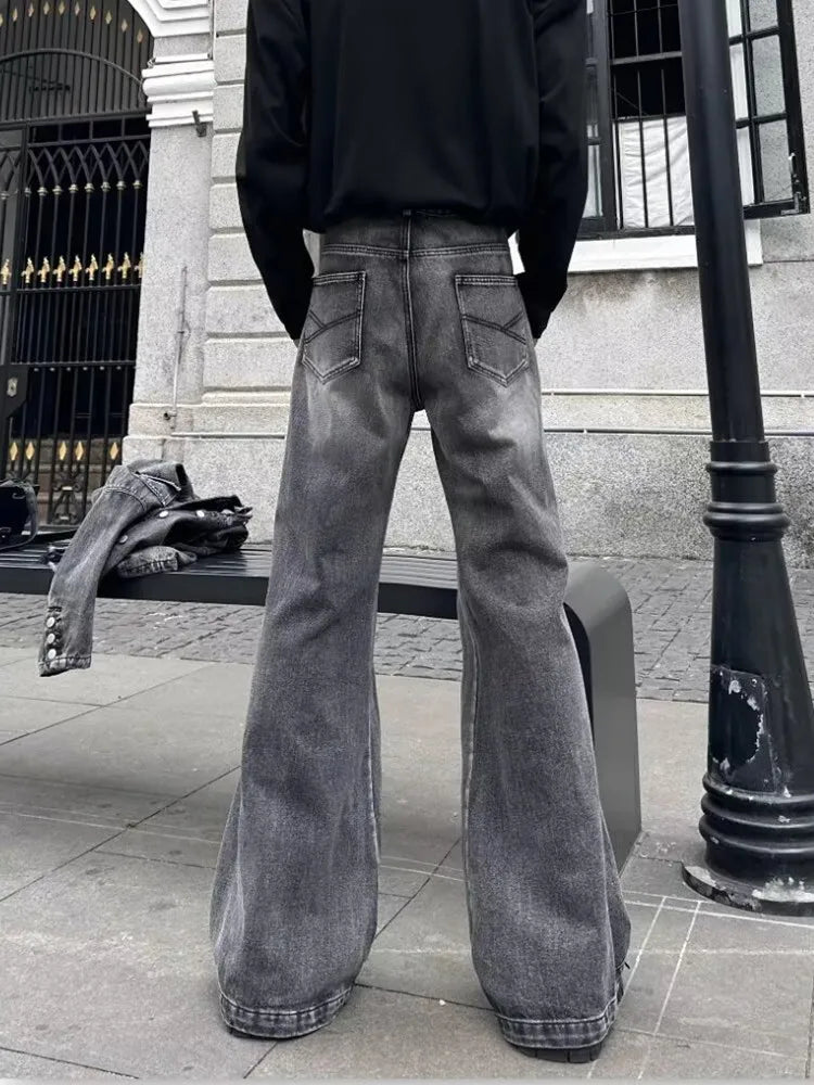 2026Trashy Y2K Streetwear Washed Grey Baggy Stacked Flare Jeans Pants Men 90S Vintage Clothes Hip Hop Luxury Male Long Trousers