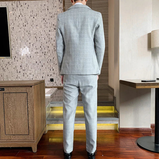 Autumn 2024 Men's Slim Fit Checkered Two-Piece Suit Korean Style Handsome Fashion Suit And Trousers Set