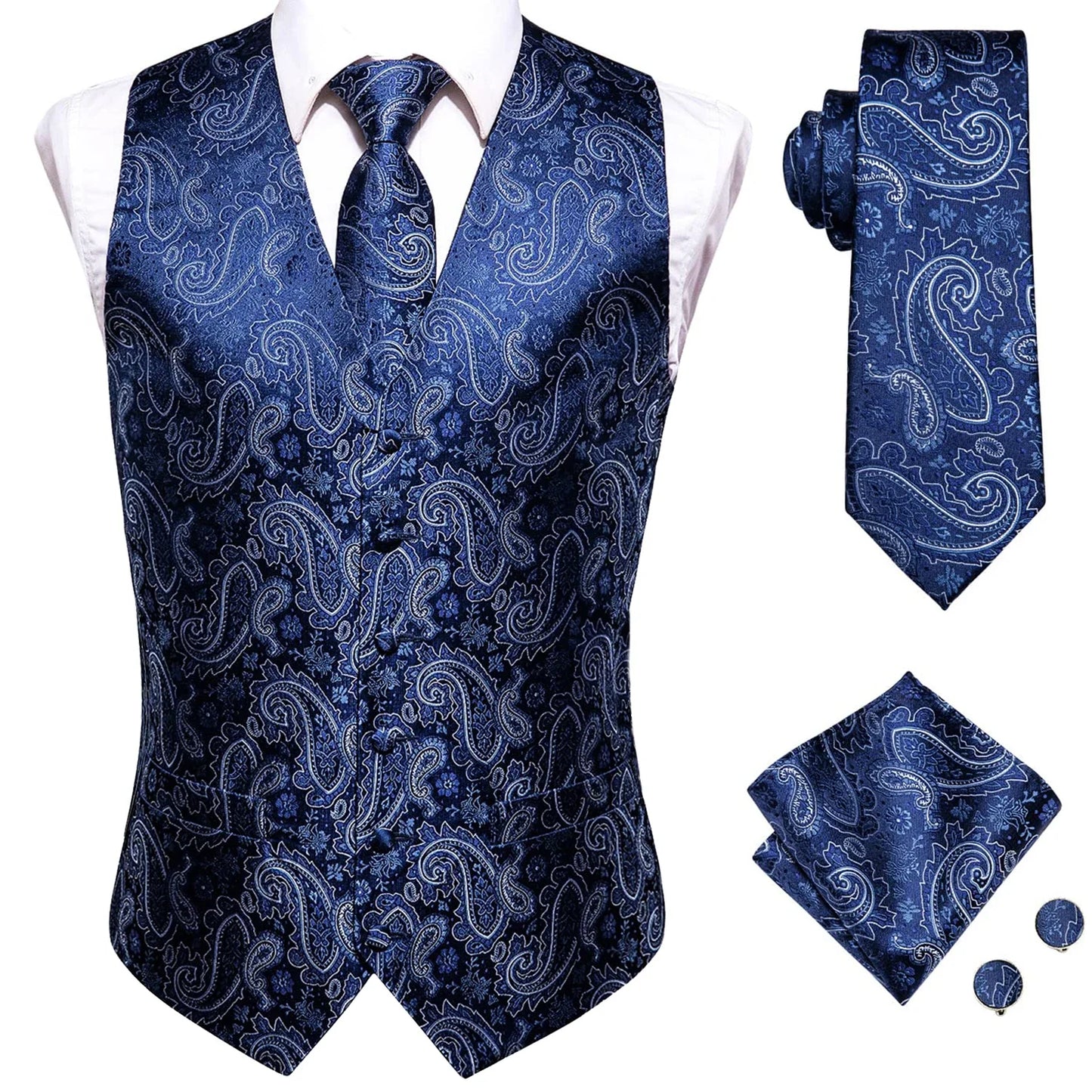 20 Color Men's Vests Tie Business Formal Dress Slim Sleeveless Jacket 4PC Hanky Cufflink Blue Paisley Suit Waistcoat