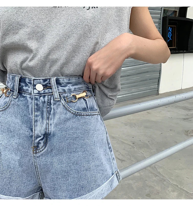 Summer 2024 Denim Shorts Women High Waisted Wide Leg Loose Crimping Blue Jeans Sequined Jean Shorts Female