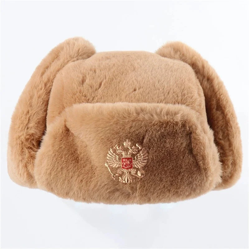 Soviet Army Military Badge Russia Ushanka Bomber Hats Pilot Trapper trooper Hat Winter Faux Rabbit Fur Earflap Men Snow Caps
