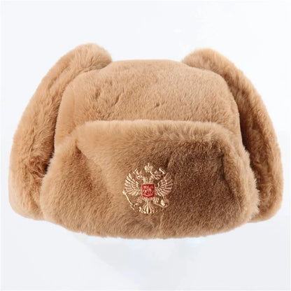 Soviet Army Military Badge Russia Ushanka Bomber Hats Pilot Trapper trooper Hat Winter Faux Rabbit Fur Earflap Men Snow Caps