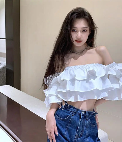 Off Shoulder Fashion Woman Blouse Stacked Ruffles Crop Top Shirt Summer Designer Short Sleeve Chiffon Sexy 2023 New