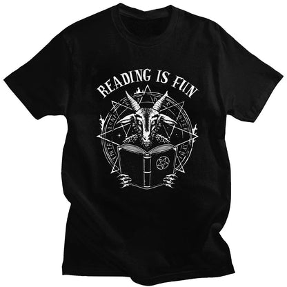2024 Satan Demon Geeks Reading Is Fun Tee Tops Men Culture Parody Digital Print T-Shirt Baphomet Graphic T Shirt Gift Y2k