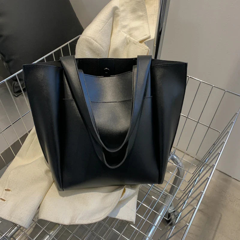 High Quality Soft Leather Woman Casual Tote Shopper Solid Color Handbags Large Capacity Single Shoulder Bag with Outer Pocket