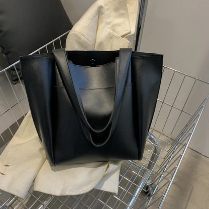 High Quality Soft Leather Woman Casual Tote Shopper Solid Color Handbags Large Capacity Single Shoulder Bag with Outer Pocket