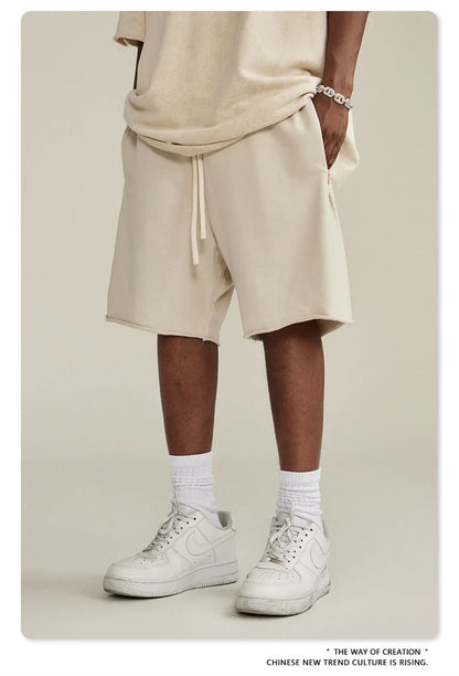 New Summer Men Retro Washed Shorts Unisex Drawstring Loose Edge 420gsm Solid Knee Length Cotton Pants Streetwears HY0589