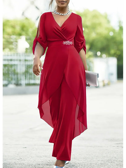 2024 Plus Size 6XL7XL 2-Piece Set Chiffon V-Neck Top and Loose Pants Elegant Commuting Plus Size Women 2-Piece Set