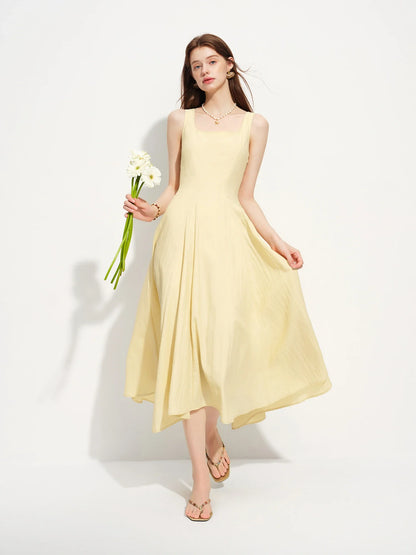 2026 Summer Women's Square Neck A-Line Midi Dress, Sleeveless Waist-Cinching Flowy Maxi for Minimalist Quiet Luxury Style