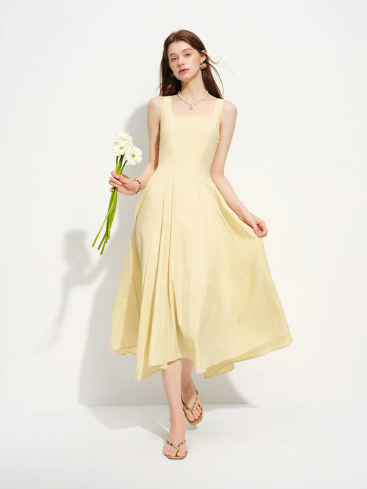 2026 Summer Women's Square Neck A-Line Midi Dress, Sleeveless Waist-Cinching Flowy Maxi for Minimalist Quiet Luxury Style