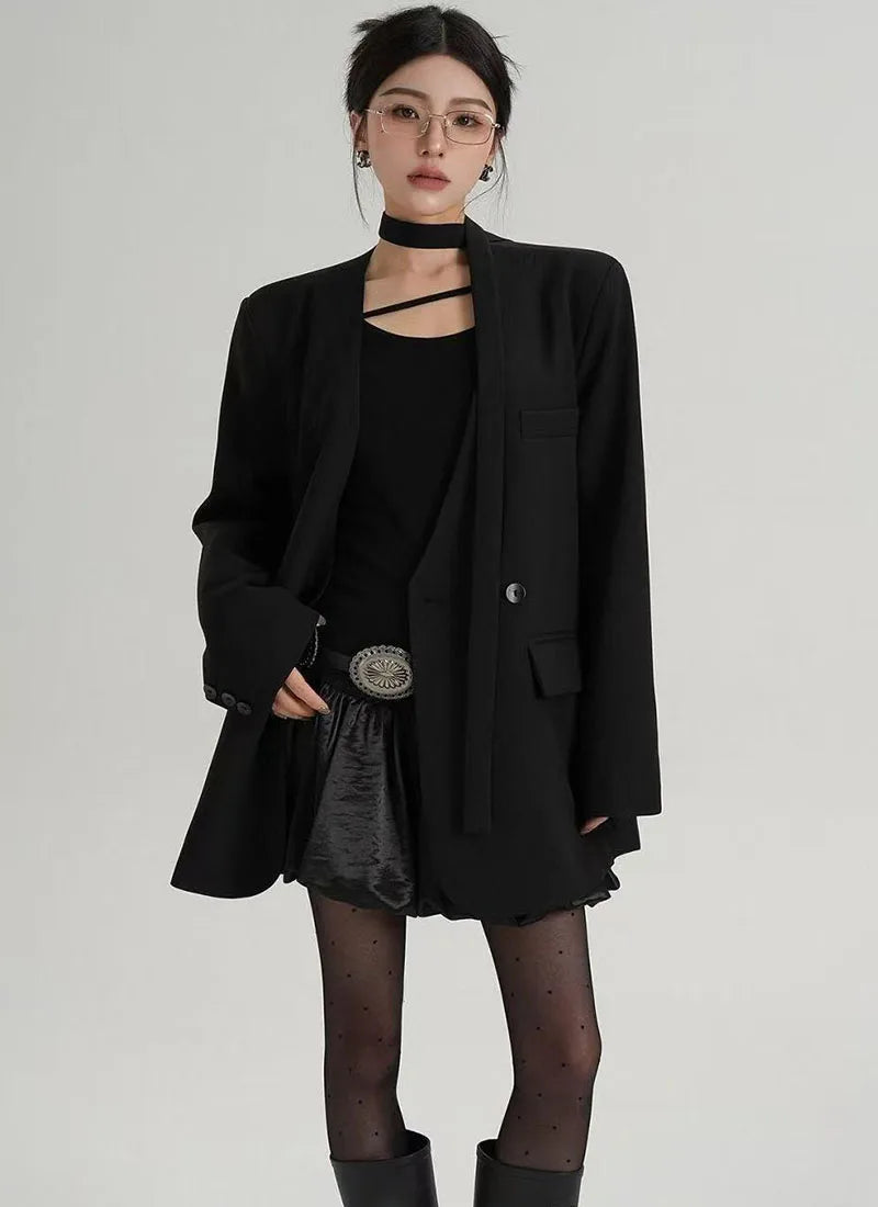 Fashion Collarless Blazers Jacket Ladies Korean Streetwear Design Belt Temperament Blazer Woman Chic Long Sleeve Loose Suit Coat