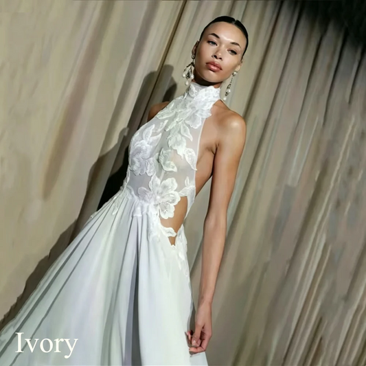 Customized Modern White Chiffon A-Line Lace Wedding Dress For Women Simple Halter Neck Pleat Sequined Sexy Backless Brildal Gown