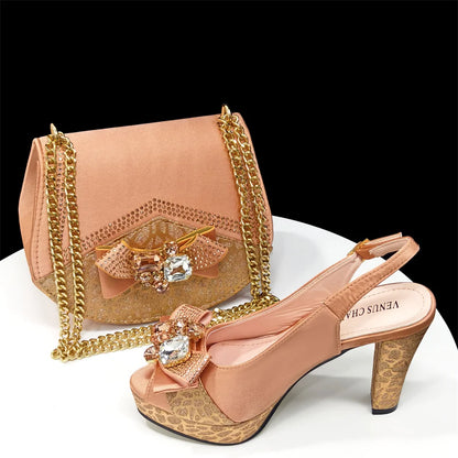 Shoes for Women High Heels INS Style Rhinestone Peep Toe Bow Gold Color New Italian Shoes and Bag for Party 2024