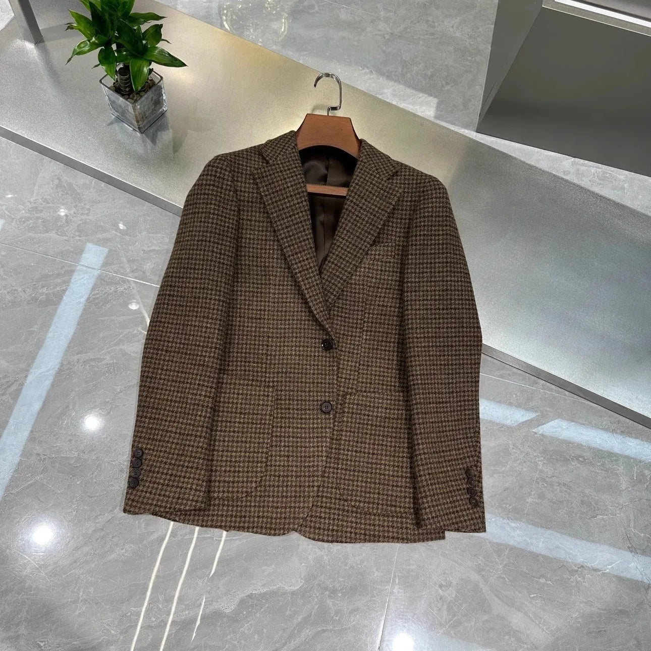 Vintage British Windsor Wool Suit Thick Autumn Winter Tweed Houndstooth Plaid Slim Fit Men's Blazer