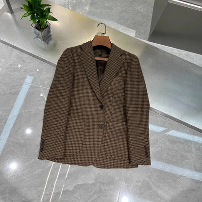 Vintage British Windsor Wool Suit Thick Autumn Winter Tweed Houndstooth Plaid Slim Fit Men's Blazer