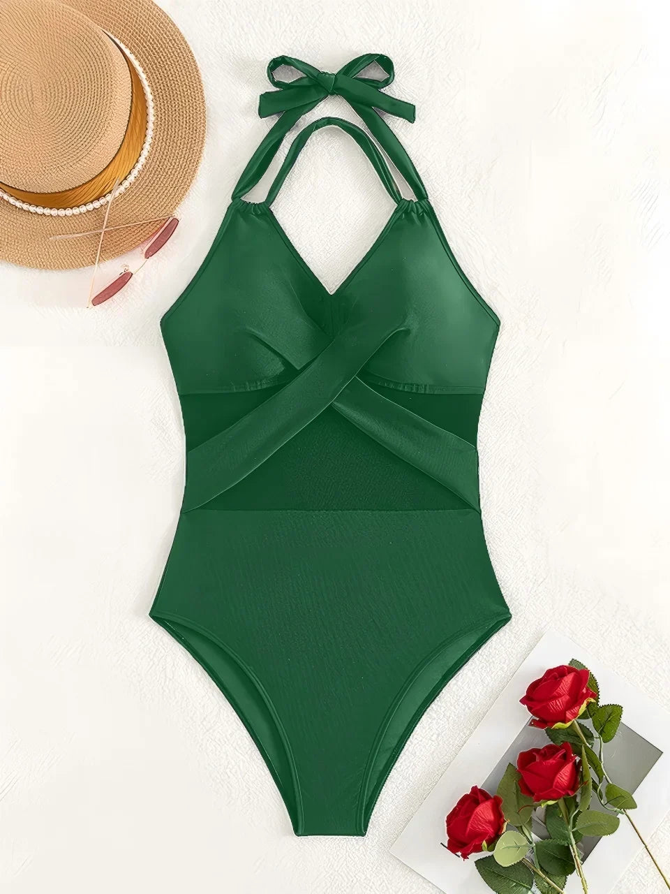 2026 Plain Ruched Mesh Swimsuit Women One Piece Ring Link Swimwear Female Sexy Bathing Swimming Suit Bodysuit Summer Beachwear