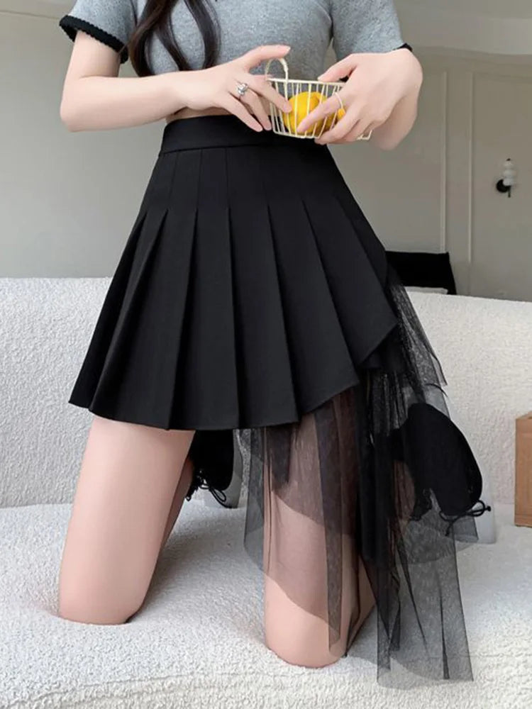 Mesh Patchwork Pleated Skirts Women High Waist Fashion Slim Sexy Mini Skirt Korean Sweet Preppy Style Spring Summer A Line Skirt