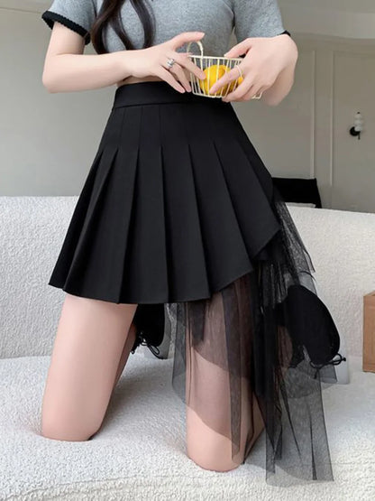 Mesh Patchwork Pleated Skirts Women High Waist Fashion Slim Sexy Mini Skirt Korean Sweet Preppy Style Spring Summer A Line Skirt