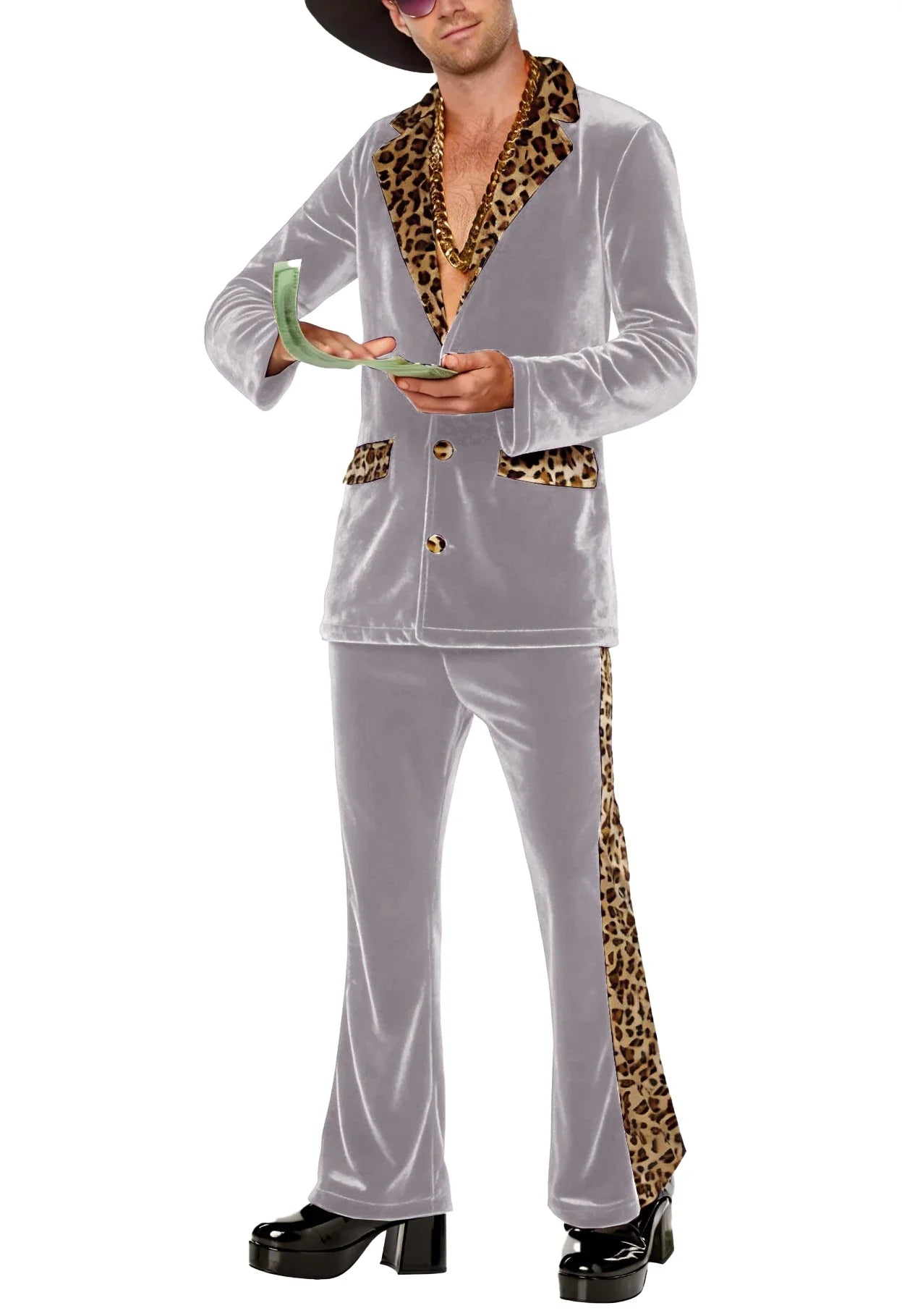 Luxury Men's Velvet Suit Notch Lapel Jacket Leopard Print Patchwork Trim Wide Leg Flare Trousers Tuxedo Cosplay Prom Event
