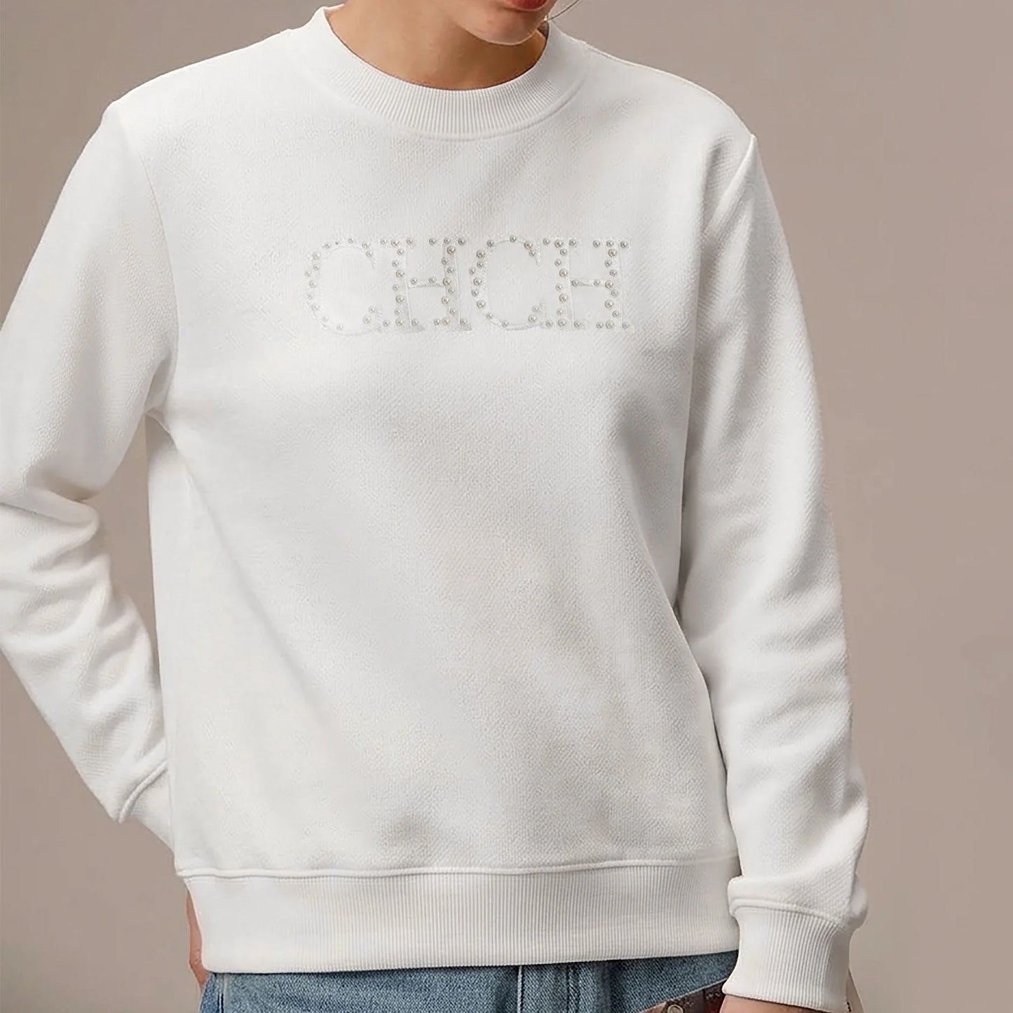 Women's Hoodie 2026 New Simple Pearl Embroidered Top Women's Beige Loose Long Sleeve Hoodie