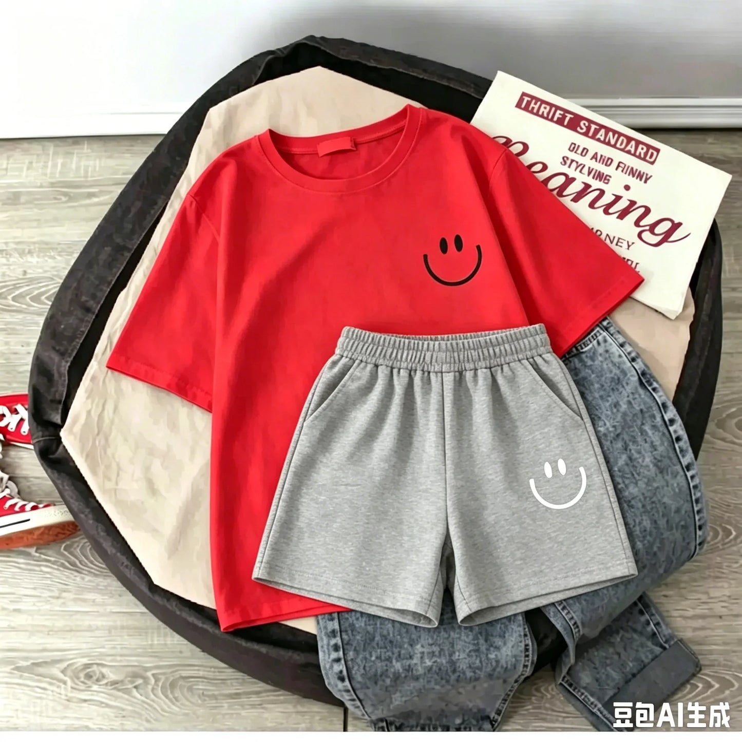 2026 New Summer Smiling Face Print Kids T-shirt Set Short-sleeved Pure Cotton Loose Basic Versatile Cool Simple Kids Outfit Tops