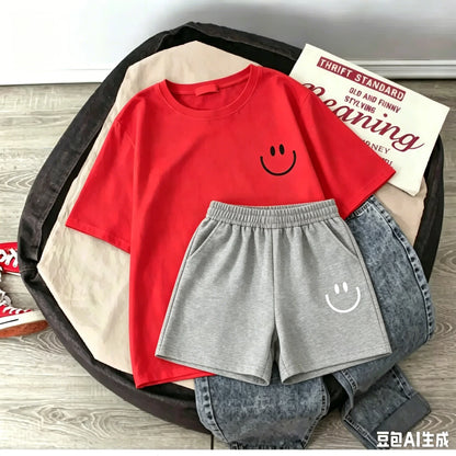 2026 New Summer Smiling Face Print Kids T-shirt Set Short-sleeved Pure Cotton Loose Basic Versatile Cool Simple Kids Outfit Tops