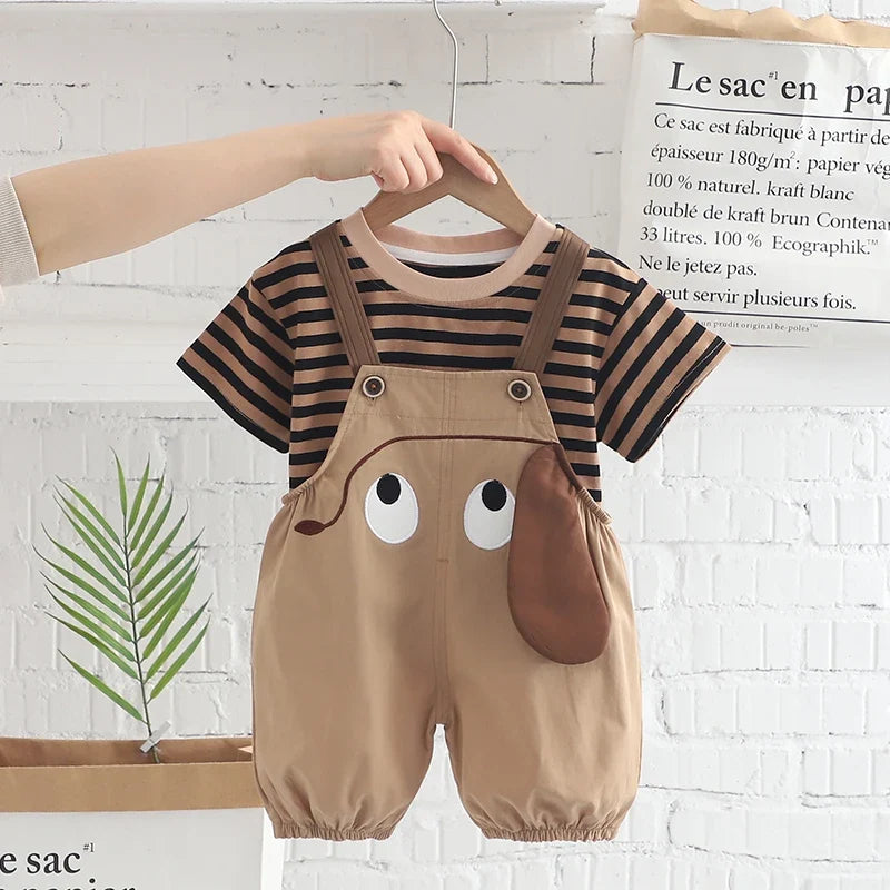 New Kids Baby Boys Girls Clothes For Summer Children Cartoon Striped T-Shirt Bib Pants 2Pcs/Set Toddler Fashion Tracksuits